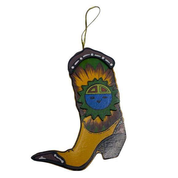 Vintage Handcrafted Wooden Cowboy Western Boot Christmas Ornament Double Sided - Picture 4 of 7